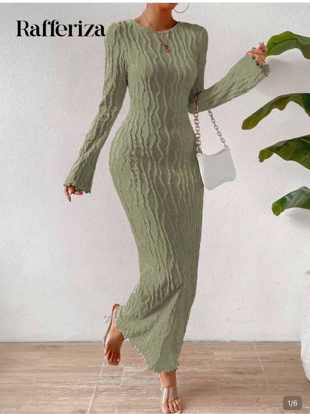 SHEIN Olive Green Long Sleeve Textured Maxi Dress